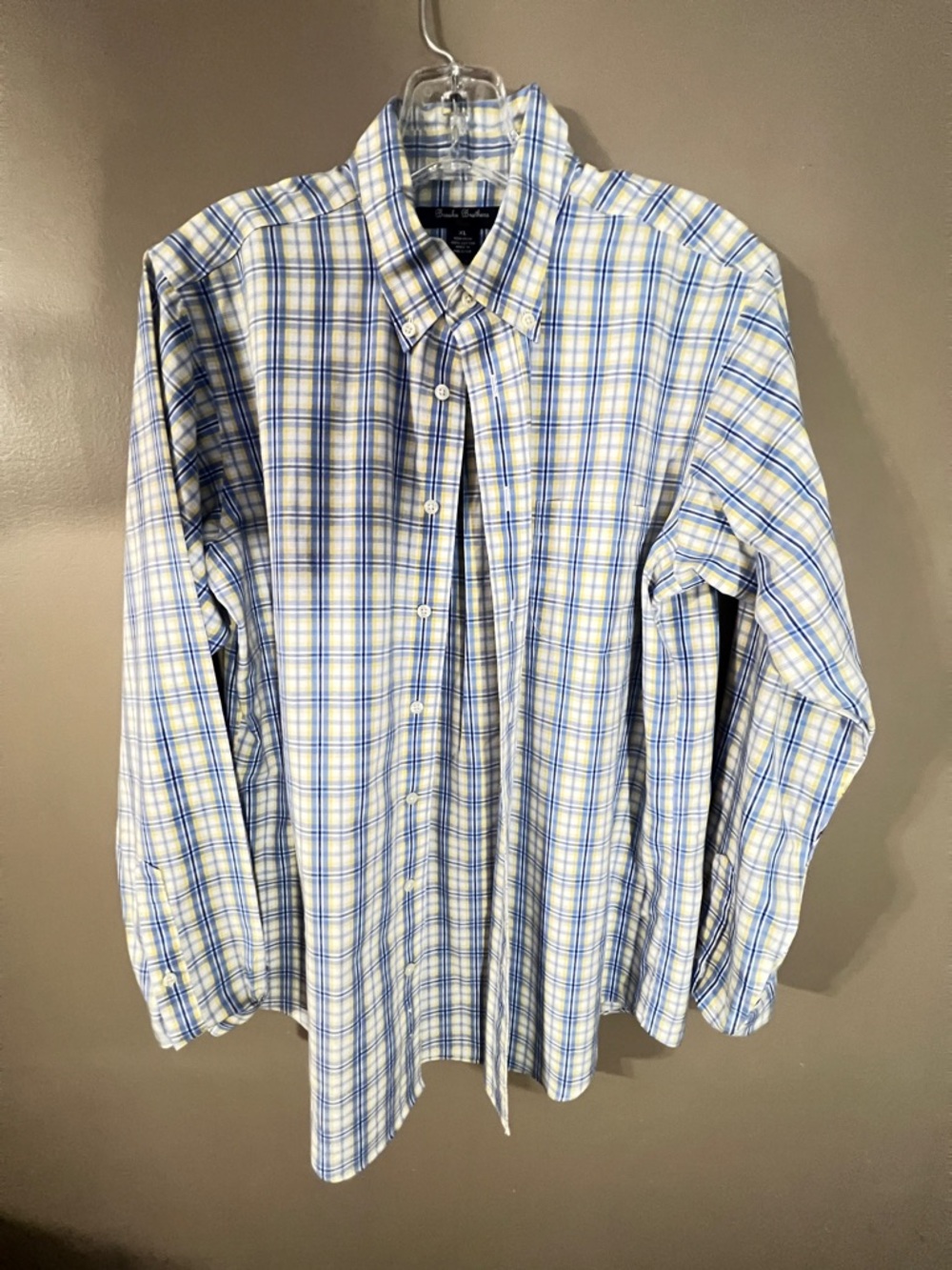 Brooks Brothers Boys White, Blue & Yellow Plaid Button-Down Shirt XL